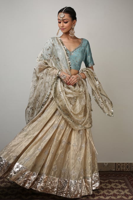 Rhua_Gold Lehenga Banarasi Tissue Blouse Raw Silk Floral Embroidered Set _Online_at_Aza_Fashions
