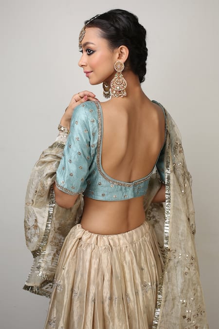 Buy_Rhua_Gold Lehenga Banarasi Tissue Blouse Raw Silk Floral Embroidered Set _Online_at_Aza_Fashions