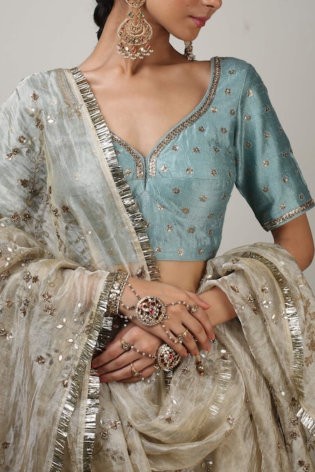 Shop_Rhua_Gold Lehenga Banarasi Tissue Blouse Raw Silk Floral Embroidered Set _Online_at_Aza_Fashions