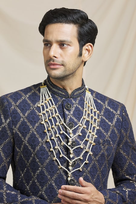 Ruby Raang_Gold Pearls, Kundan, Beads Layered Necklace _at_Aza_Fashions