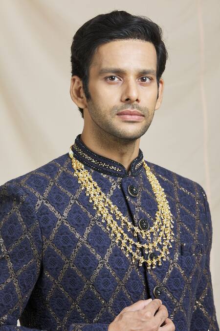 Shop Ruby Raang Gold Kundan, Beads Embellished Necklace Online at Aza Fashions Shop_Ruby Raang_Gold Kundan, Beads Embellished Necklace _Online_at_Aza_Fashions