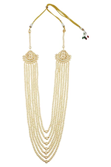 Shop_Ruby Raang_Gold Kundan, Beads And Embellished Necklace _at_Aza_Fashions