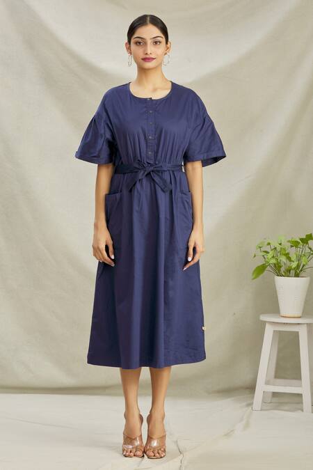 Naintara Bajaj_Blue Cotton Satin Front Tie Up Dress_Online_at_Aza_Fashions