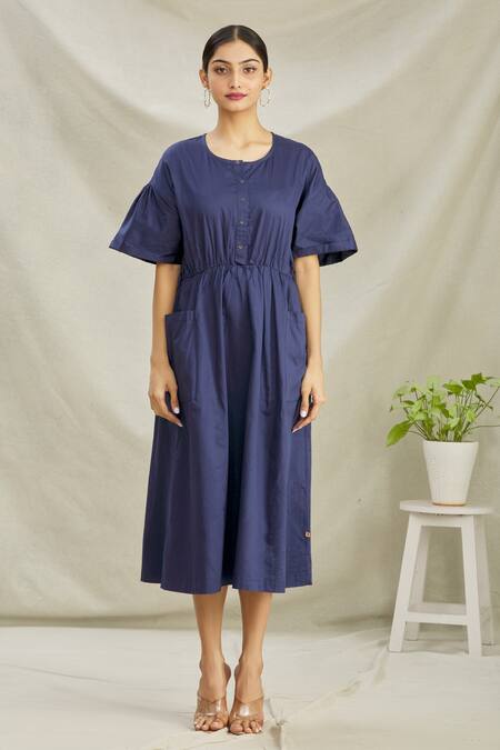 Shop_Naintara Bajaj_Blue Cotton Satin Front Tie Up Dress_Online_at_Aza_Fashions