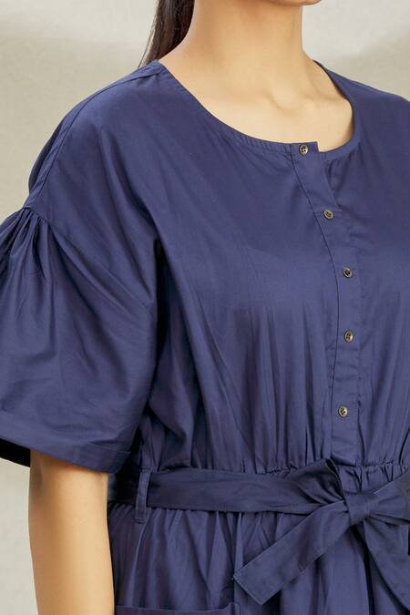 Naintara Bajaj_Blue Cotton Satin Front Tie Up Dress_at_Aza_Fashions