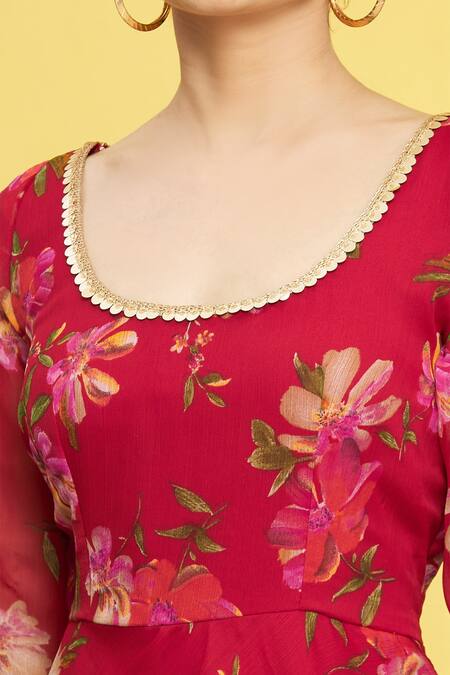 Shop_Naintara Bajaj_Red Chiffon, Crepe Gota Patti Scoop Neck Floral Print Anarkali Set _Online_at_Aza_Fashions