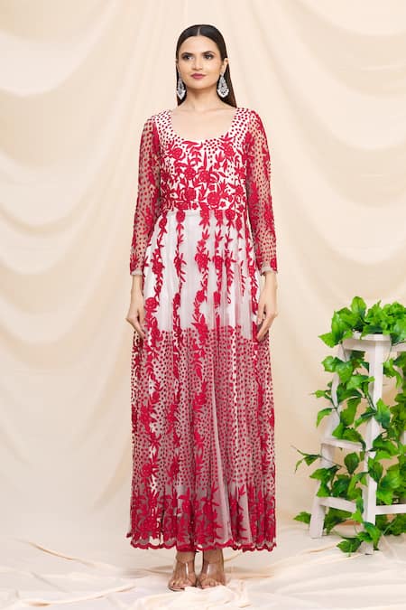 Samyukta Singhania White Net, Chanderi Embroidery Round Neck Floral Resham Anarkali Set Online at Aza Fashions Samyukta Singhania_White Net, Chanderi Embroidery Round Neck Floral Resham Anarkali Set _Online_at_Aza_Fashions