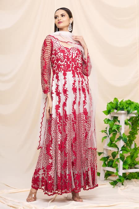 Buy Samyukta Singhania White Net, Chanderi Embroidery Round Neck Floral Resham Anarkali Set Online at Aza Fashions Buy_Samyukta Singhania_White Net, Chanderi Embroidery Round Neck Floral Resham Anarkali Set _Online_at_Aza_Fashions