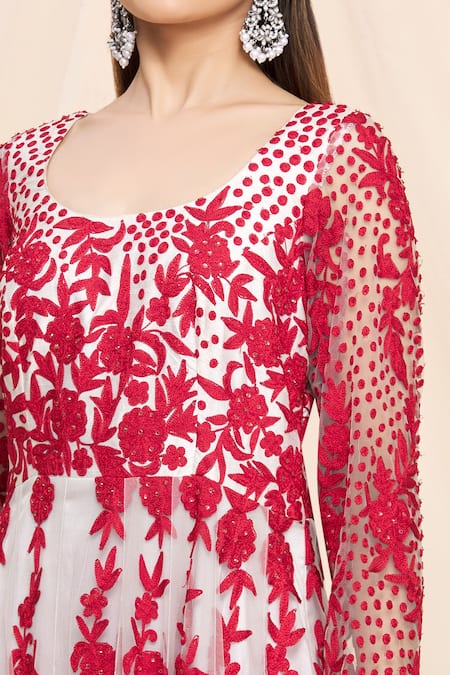 Shop Samyukta Singhania White Net, Chanderi Embroidery Round Neck Floral Resham Anarkali Set Online at Aza Fashions Shop_Samyukta Singhania_White Net, Chanderi Embroidery Round Neck Floral Resham Anarkali Set _Online_at_Aza_Fashions