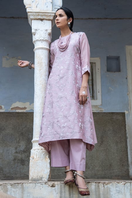 Kameez Purple Kurta - Chanderi, Pant - Cotton Floral Round And Set
