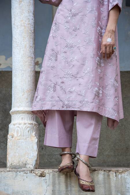Shop Kameez Purple Kurta - Chanderi, Pant - Cotton Floral Round And Set Online at Aza Fashions Shop_Kameez_Purple Kurta - Chanderi, Pant - Cotton Floral Round And Set _Online_at_Aza_Fashions