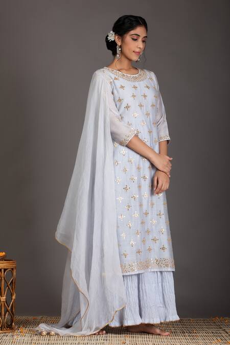 Kameez Blue Dupatta - Chiffon, Inner Dress - Mulmul, Kurta - Chanderi Floral And Set Online at Aza Fashions Kameez_Blue Dupatta - Chiffon, Inner Dress - Mulmul, Kurta - Chanderi Floral And Set _Online_at_Aza_Fashions