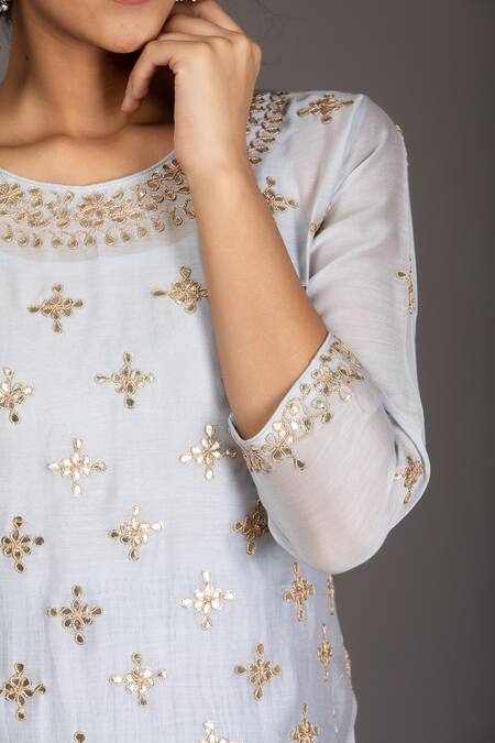 Shop Kameez Blue Dupatta - Chiffon, Inner Dress - Mulmul, Kurta - Chanderi Floral And Set Online at Aza Fashions Shop_Kameez_Blue Dupatta - Chiffon, Inner Dress - Mulmul, Kurta - Chanderi Floral And Set _Online_at_Aza_Fashions