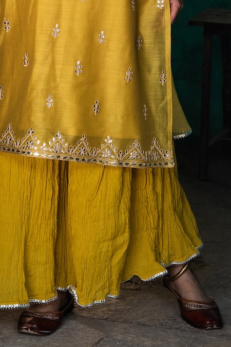 Kameez_Yellow Dupatta - Chiffon, Kurta - Soft Silk Chanderi, Sharara - Gota Work Set _at_Aza_Fashions