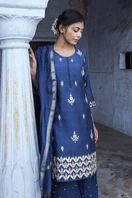 Kameez_Blue Kurta And Dupatta- Chanderi, Sharara - Mulmul, Slip - Cotton Floral, Gota Set _Online_at_Aza_Fashions