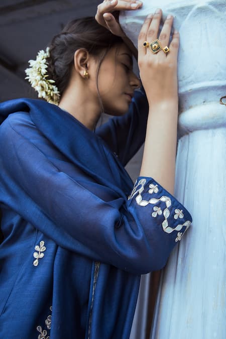 Shop_Kameez_Blue Kurta And Dupatta- Chanderi, Sharara - Mulmul, Slip - Cotton Floral, Gota Set _Online_at_Aza_Fashions