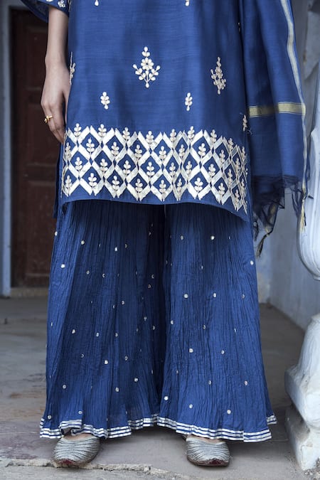 Kameez_Blue Kurta And Dupatta- Chanderi, Sharara - Mulmul, Slip - Cotton Floral, Gota Set _at_Aza_Fashions