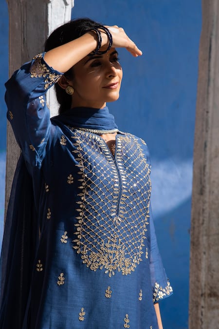 Kameez_Blue Dupatta - Chiffon, Kurta - Soft Silk Chanderi, Sharara - Gota Work Set _Online_at_Aza_Fashions