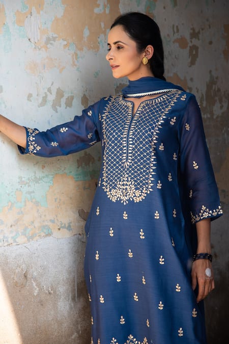 Buy_Kameez_Blue Dupatta - Chiffon, Kurta - Soft Silk Chanderi, Sharara - Gota Work Set _Online_at_Aza_Fashions