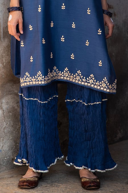 Shop_Kameez_Blue Dupatta - Chiffon, Kurta - Soft Silk Chanderi, Sharara - Gota Work Set _Online_at_Aza_Fashions