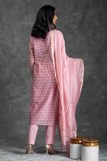 Shop Kameez Pink Kurta And Dupatta - Chanderi, Pant - Cotton Floral, Gota Work Print Set at Aza Fashions Shop_Kameez_Pink Kurta And Dupatta - Chanderi, Pant - Cotton Floral, Gota Work Print Set_at_Aza_Fashions