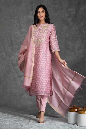 Kameez Pink Kurta And Dupatta - Chanderi, Pant - Cotton Floral, Gota Work Print Set Online at Aza Fashions Kameez_Pink Kurta And Dupatta - Chanderi, Pant - Cotton Floral, Gota Work Print Set_Online_at_Aza_Fashions