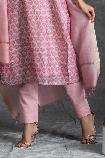 Kameez Pink Kurta And Dupatta - Chanderi, Pant - Cotton Floral, Gota Work Print Set at Aza Fashions Kameez_Pink Kurta And Dupatta - Chanderi, Pant - Cotton Floral, Gota Work Print Set_at_Aza_Fashions