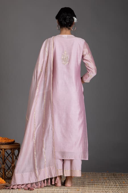 Shop Kameez Pink Kurta And Dupatta - Chanderi, Pant & Slip - Cotton Gota Embroidered Set at Aza Fashions Shop_Kameez_Pink Kurta And Dupatta - Chanderi, Pant & Slip - Cotton Gota Embroidered Set _at_Aza_Fashions