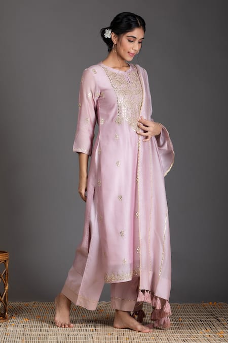 Kameez Pink Kurta And Dupatta - Chanderi, Pant & Slip - Cotton Gota Embroidered Set Online at Aza Fashions Kameez_Pink Kurta And Dupatta - Chanderi, Pant & Slip - Cotton Gota Embroidered Set _Online_at_Aza_Fashions