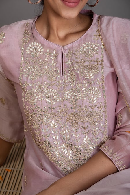 Shop Kameez Pink Kurta And Dupatta - Chanderi, Pant & Slip - Cotton Gota Embroidered Set Online at Aza Fashions Shop_Kameez_Pink Kurta And Dupatta - Chanderi, Pant & Slip - Cotton Gota Embroidered Set _Online_at_Aza_Fashions