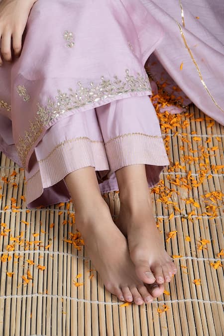 Kameez Pink Kurta And Dupatta - Chanderi, Pant & Slip - Cotton Gota Embroidered Set at Aza Fashions Kameez_Pink Kurta And Dupatta - Chanderi, Pant & Slip - Cotton Gota Embroidered Set _at_Aza_Fashions