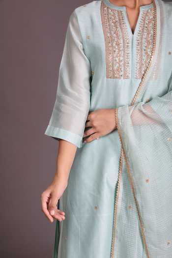 Buy_Kameez_Green Dupatta - Kota Doriya, Kurta - Chanderi, Pant - Cotton Embroidered Set _Online_at_Aza_Fashions