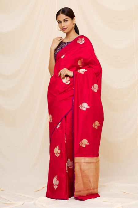 Buy_Taba Kashi By Artika Shah_Red Pure Katan Silk Floral Motifs Woven Saree_Online_at_Aza_Fashions