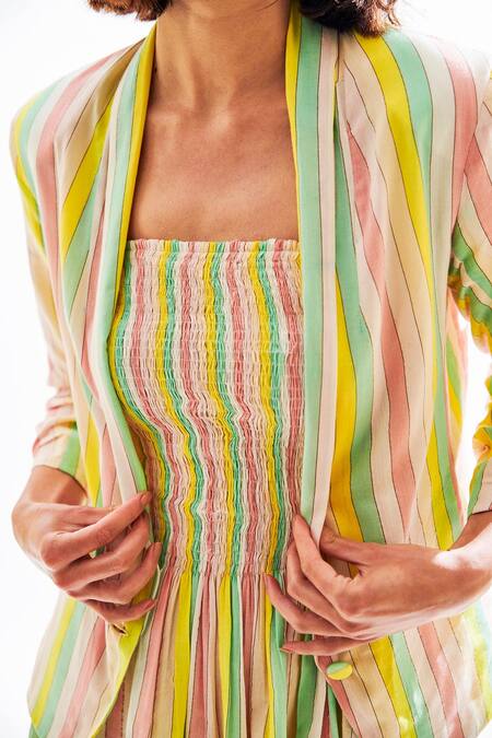 Shop_Cin Cin_White Cotton Stripes Square Neck Zola Dress With Jacket_Online_at_Aza_Fashions