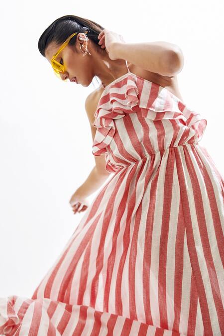 Buy_Cin Cin_Red Cotton Stripes Halter Cosimo Gown_Online_at_Aza_Fashions
