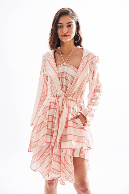 Cin Cin White Cotton Thread Halter Encrica Short Dress With Hoodie 4