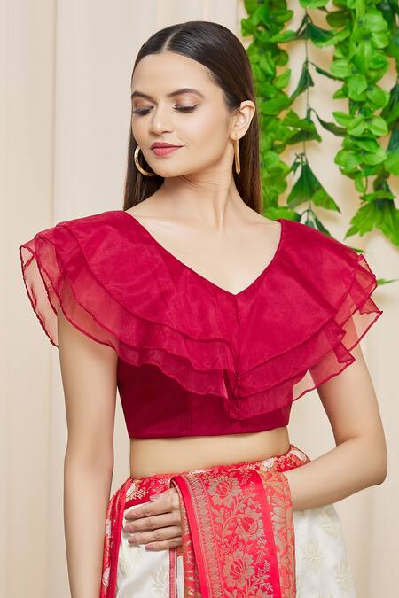 Khwaab By Sanjana Lakhani Maroon Silk V-neck V Ruffle Blouse Online at Aza Fashions Khwaab By Sanjana Lakhani_Maroon Silk V-neck V Ruffle Blouse _Online_at_Aza_Fashions