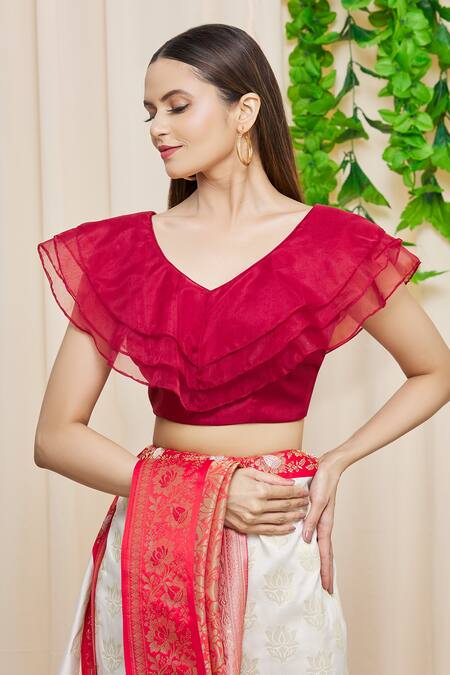 Shop Khwaab By Sanjana Lakhani Maroon Silk V-neck V Ruffle Blouse Online at Aza Fashions Shop_Khwaab By Sanjana Lakhani_Maroon Silk V-neck V Ruffle Blouse _Online_at_Aza_Fashions