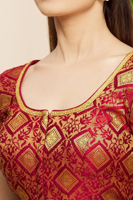 Khwaab By Sanjana Lakhani Maroon Jacquard Round Neck Woven Floral Motif Blouse at Aza Fashions Khwaab By Sanjana Lakhani_Maroon Jacquard Round Neck Woven Floral Motif Blouse_at_Aza_Fashions