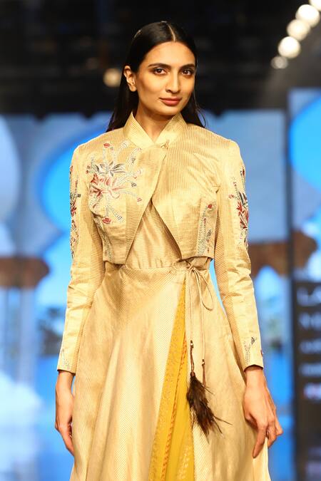 Rahul Singh_Gold Chanderi Zari And Thread Band Jacket With Dress_Online_at_Aza_Fashions