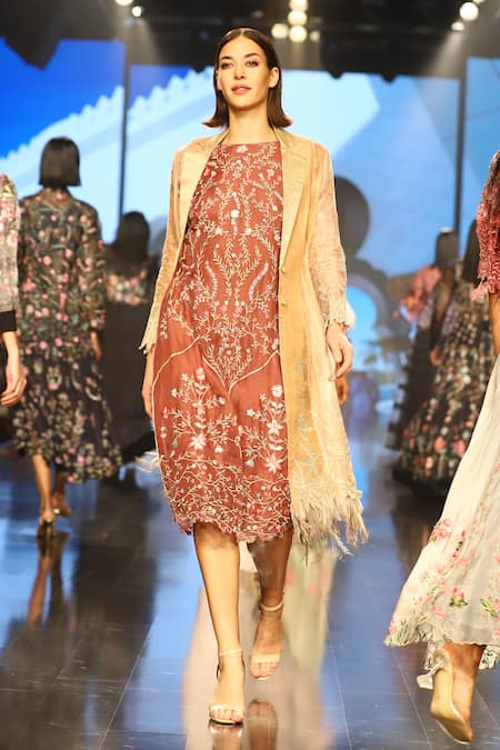 Shop_Rahul Singh_Gold Dress Organza, Jacket Chanderi Pure Floral, Embroidered With _at_Aza_Fashions