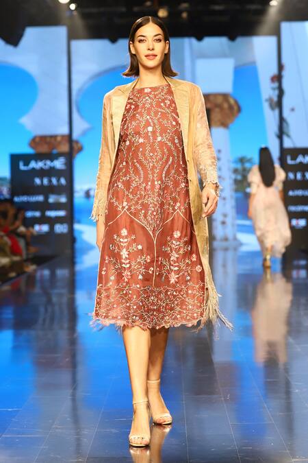 Rahul Singh_Gold Dress Organza, Jacket Chanderi Pure Floral, Embroidered With _Online_at_Aza_Fashions