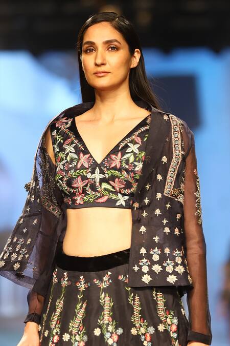 Rahul Singh_Black Organza Floral, Thread Work, Zari Embroidered Lehenga Set_Online_at_Aza_Fashions