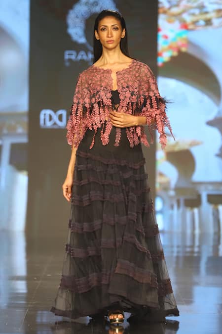 Shop_Rahul Singh_Pink Blouse Organza, Lehenga Net Floral, Thread Cutwork Fringe Set _at_Aza_Fashions