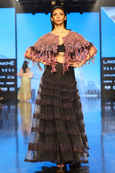 Rahul Singh_Pink Blouse Organza, Lehenga Net Floral, Thread Cutwork Fringe Set _Online_at_Aza_Fashions