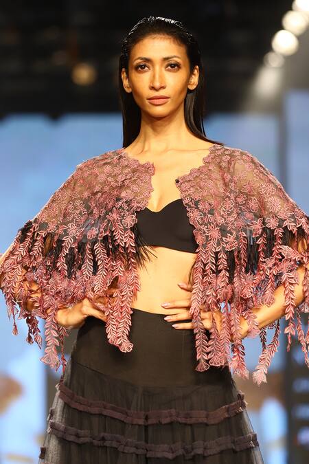 Buy_Rahul Singh_Pink Blouse Organza, Lehenga Net Floral, Thread Cutwork Fringe Set _Online_at_Aza_Fashions