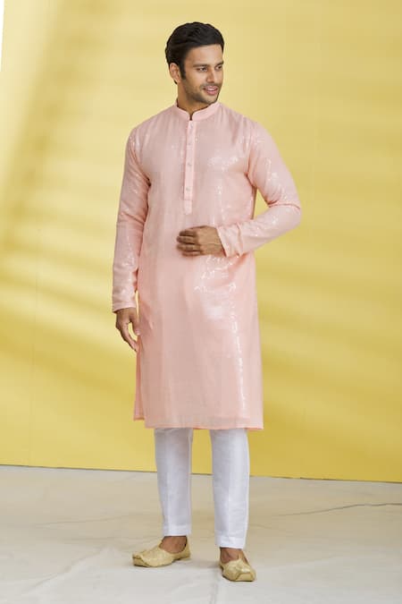 Aryavir Malhotra Peach Poly Silk Embroidered Sequin Kurta Set