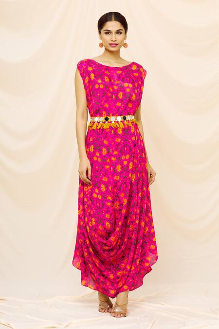 Yogita Kadam_Pink Muslin Floral, Mirror Work Round Print Cowl Dress_Online_at_Aza_Fashions