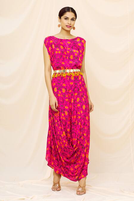 Buy_Yogita Kadam_Pink Muslin Floral, Mirror Work Round Print Cowl Dress_Online_at_Aza_Fashions