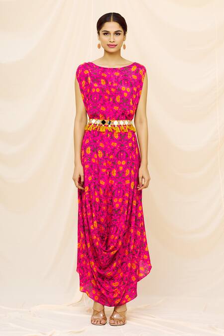 Shop_Yogita Kadam_Pink Muslin Floral, Mirror Work Round Print Cowl Dress_Online_at_Aza_Fashions